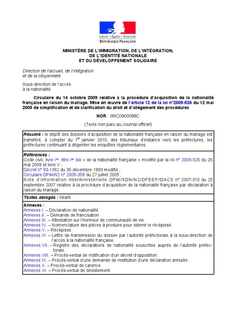 Circulaire Procedure Acquisition Nationalite Francaise 14 Octobre 2009 Certificat De Naissance France