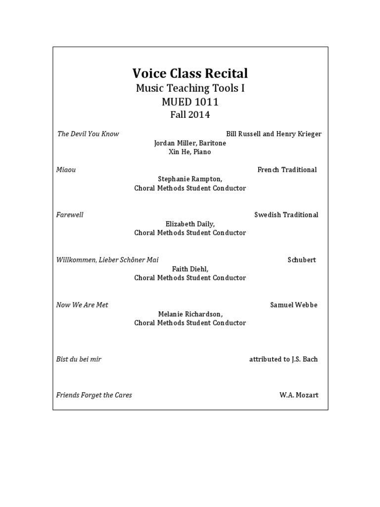 Voice Class Recital Program Details | PDF | Choir | Music Performance