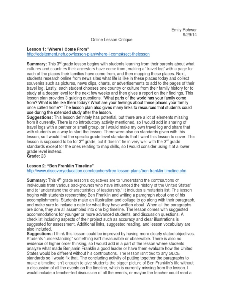 online lesson critique Lesson Plan Teachers