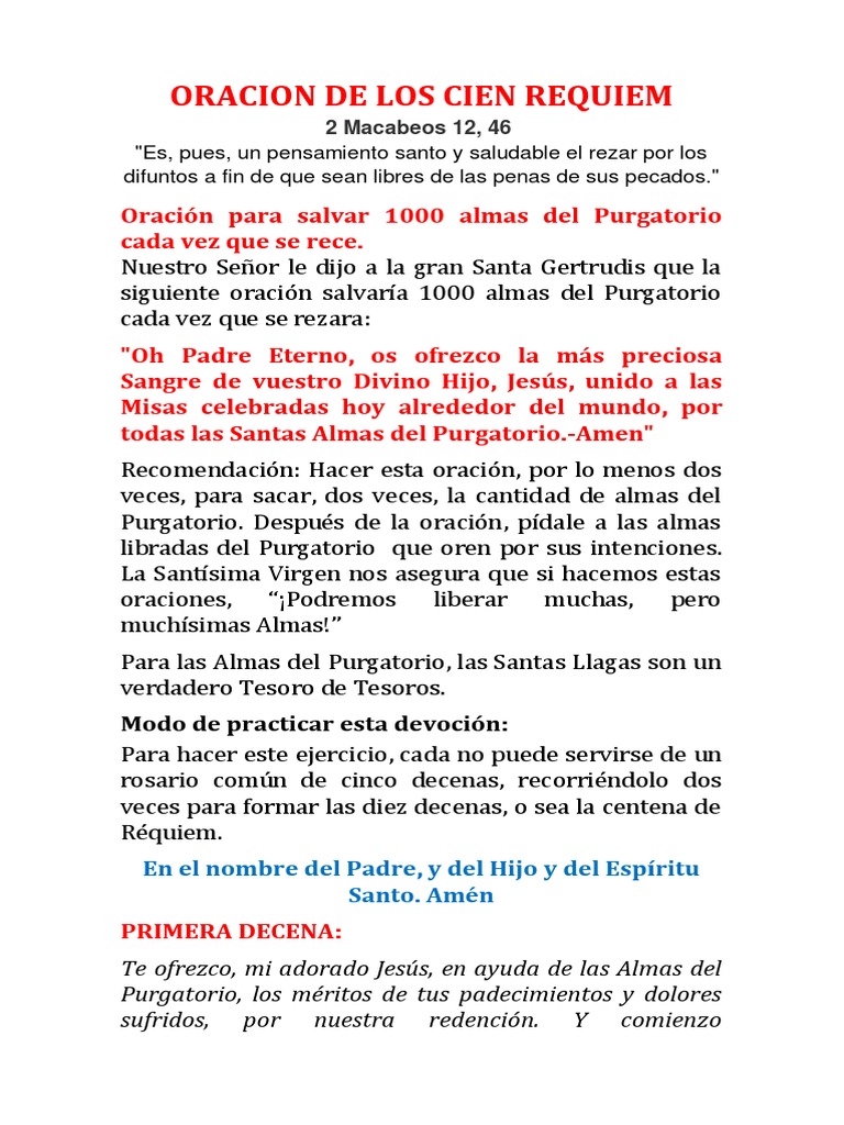 Oracion de Los Cien Requiem. Purgatorio Oración