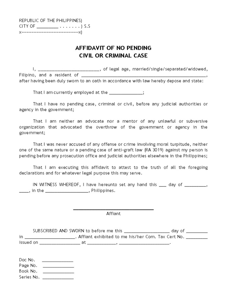 AFFIDAVIT OF NO PENDING CIVIL OR CRIMINAL CASE