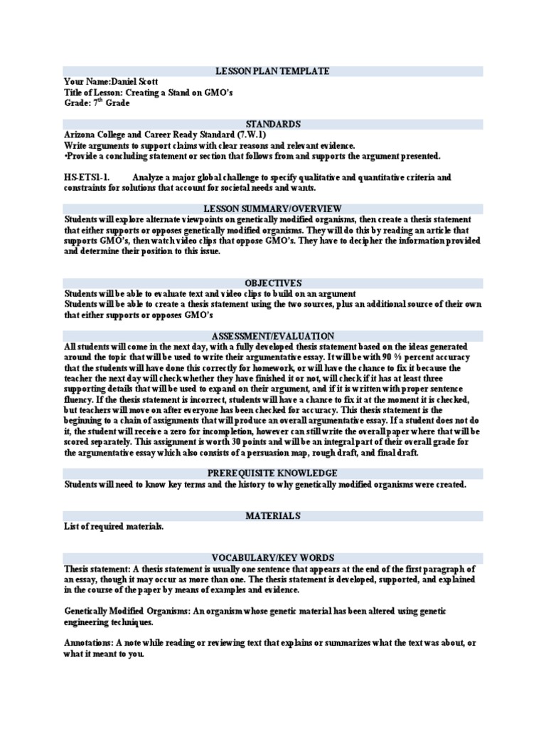 thesis statement lesson plan