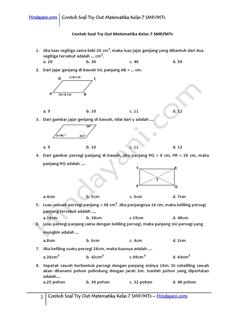 Contoh Soal Try Out Matematika Kelas 7 Smp Mts