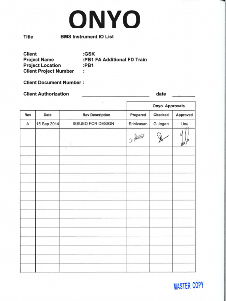 BMS Instrument IO List IFD