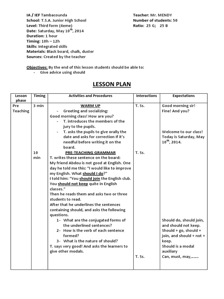 Lesson Plan Worksheets English