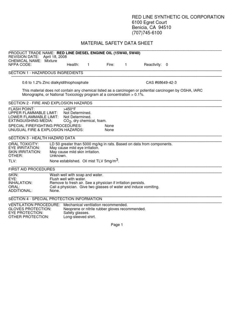 Red Line Diesel Engine Oil Msds PDF Chemical Substances Chemistry