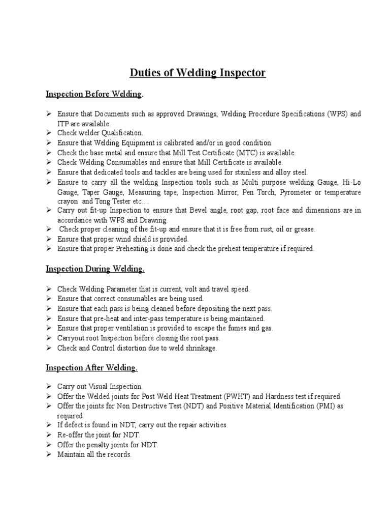 Job description of welding inspector