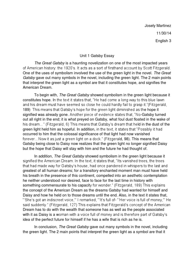 gatsby's dreams essay