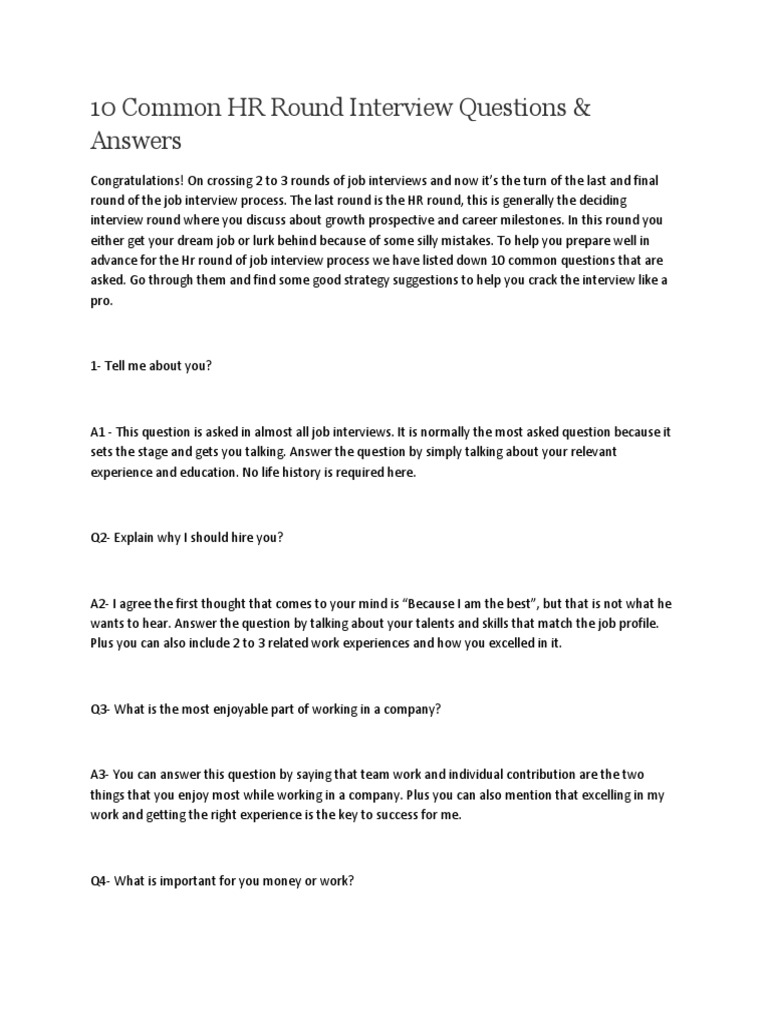 10 Common HR Round Interview Questions | PDF | Job Interview ...