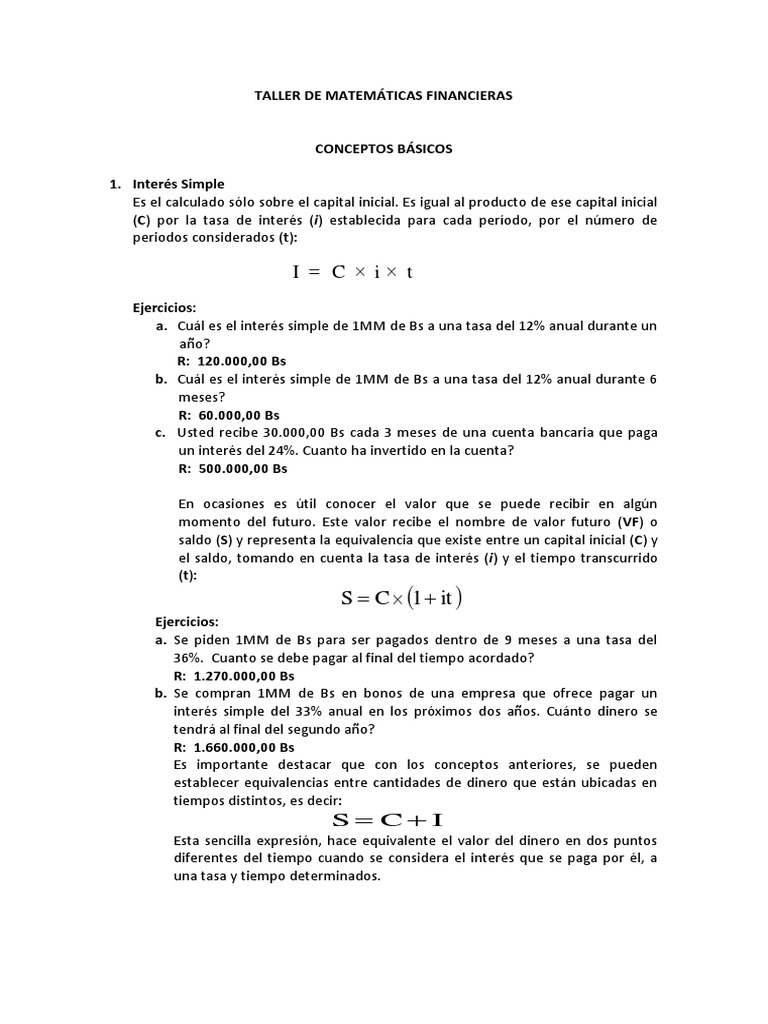 Taller de Matematicas Financieras | PDF | Finanzas Matemáticas | Interés