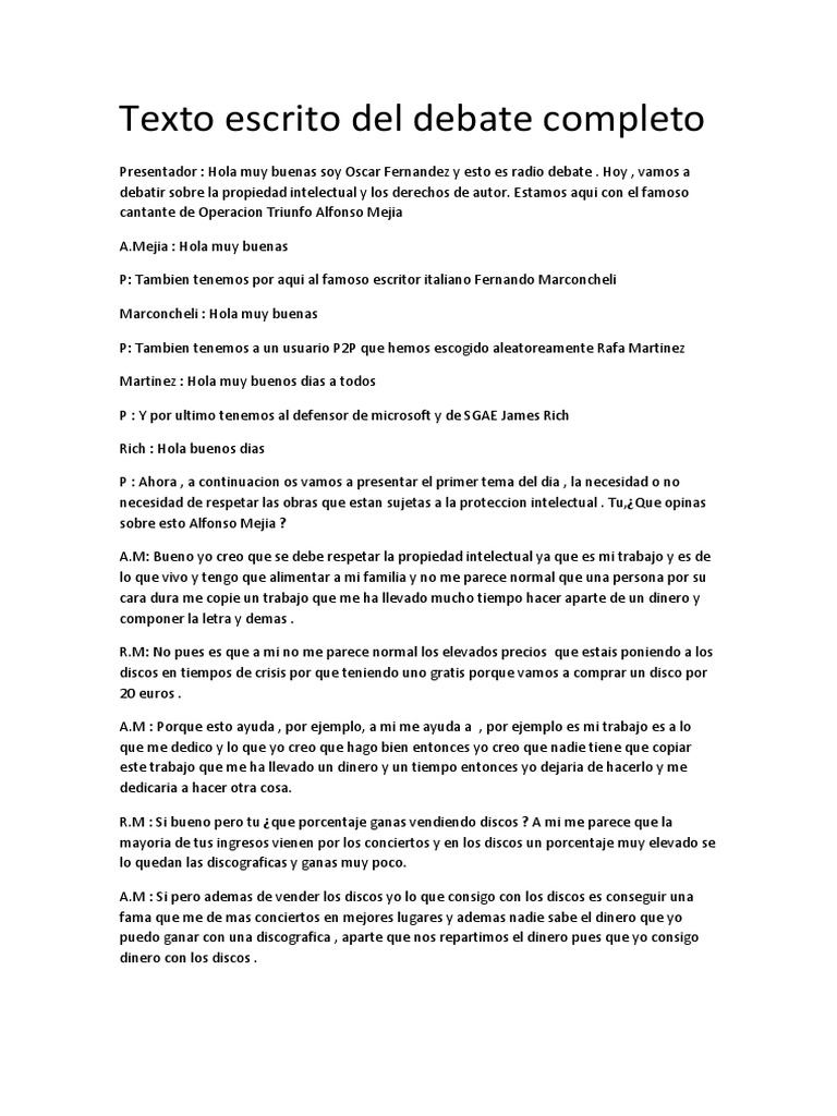 Texto Escrito Del Debate Completo Autor Lengua española