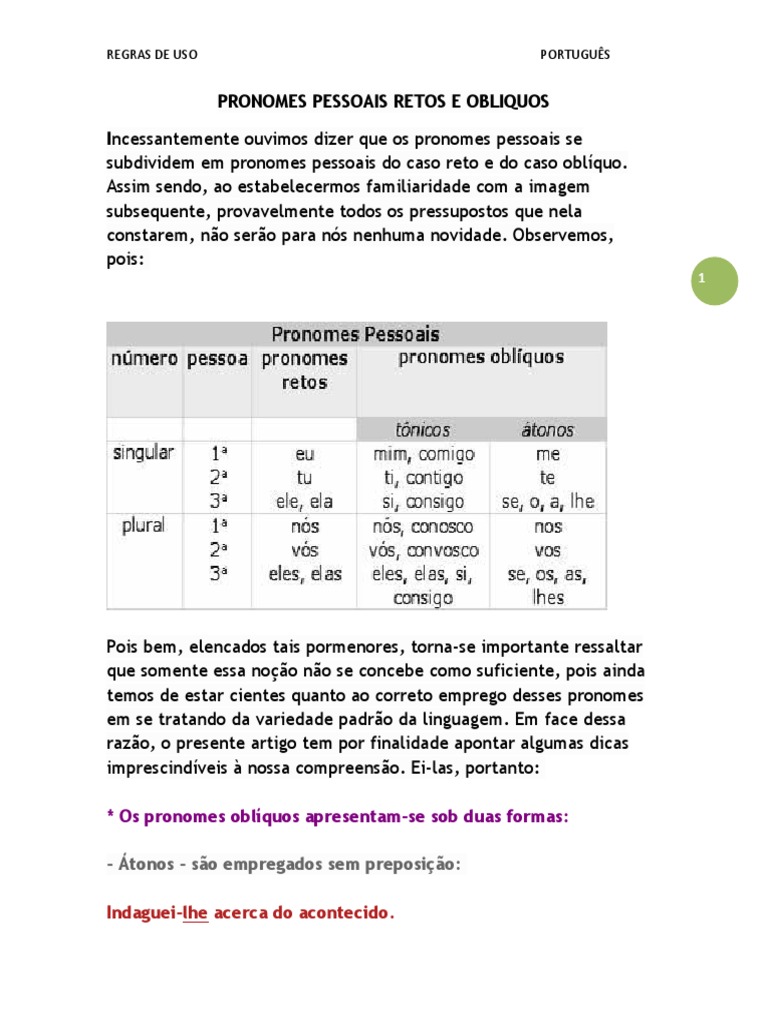 Pronomes Pessoais Retos e Obliquos | Download grátis PDF | Objeto ...