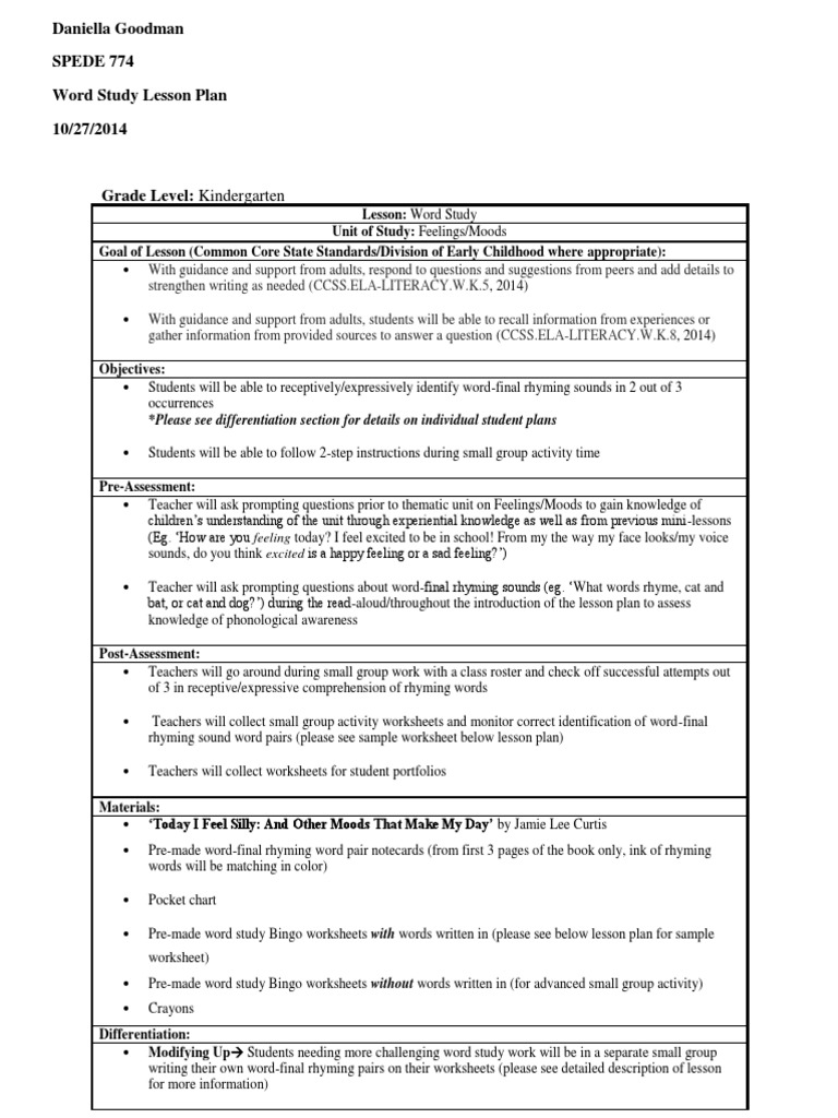 daniella goodman spede 774 word study lesson plan pdf lesson plan classroom management