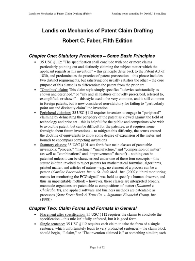 Landis On Mechanics Of Patent Claim Drafting Outline Pdf Patent