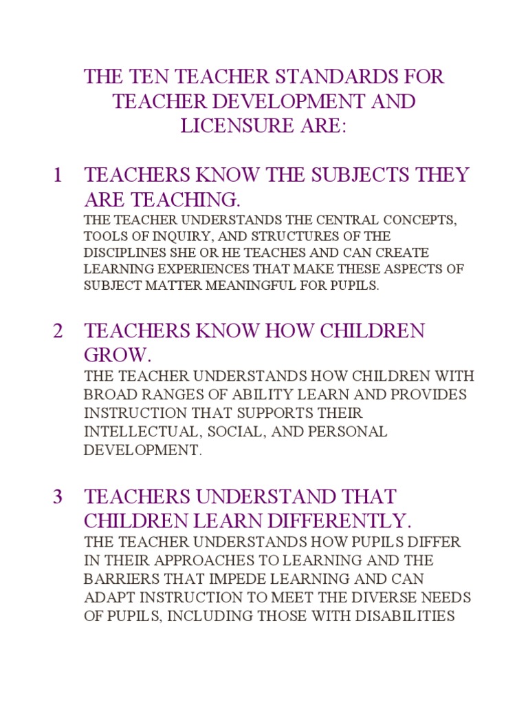 The Ten Teacher Standards For Teacher Development And Licensure Are 1