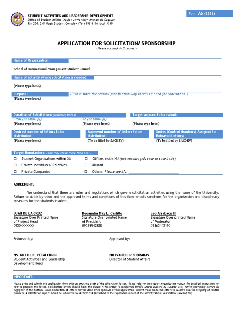 Form A6 Application For Solicitation - SBMSC | PDF