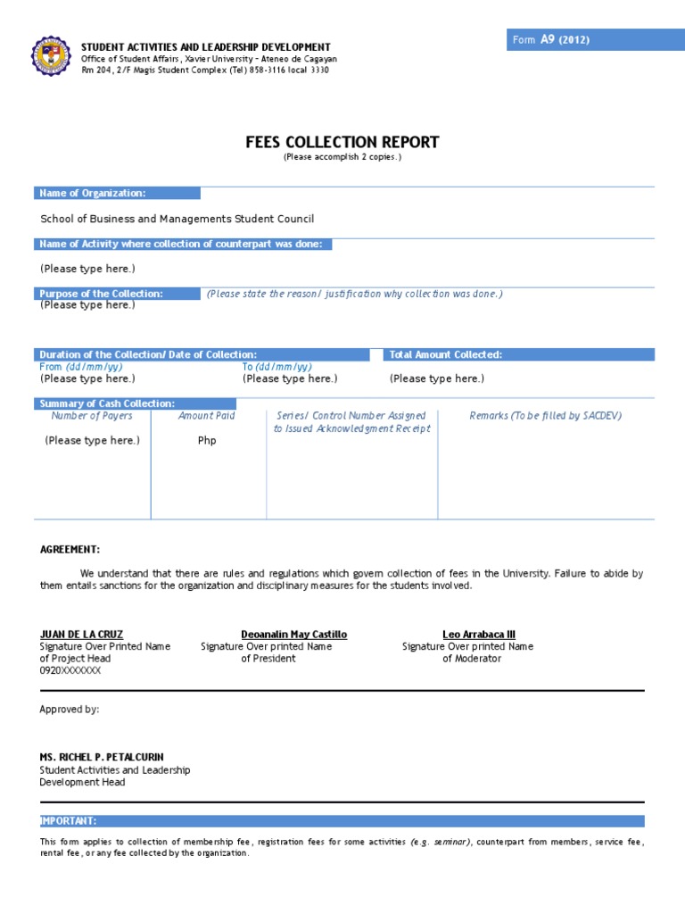 Form A9 Fees Collection Report - SBMSC | PDF | Government Information ...