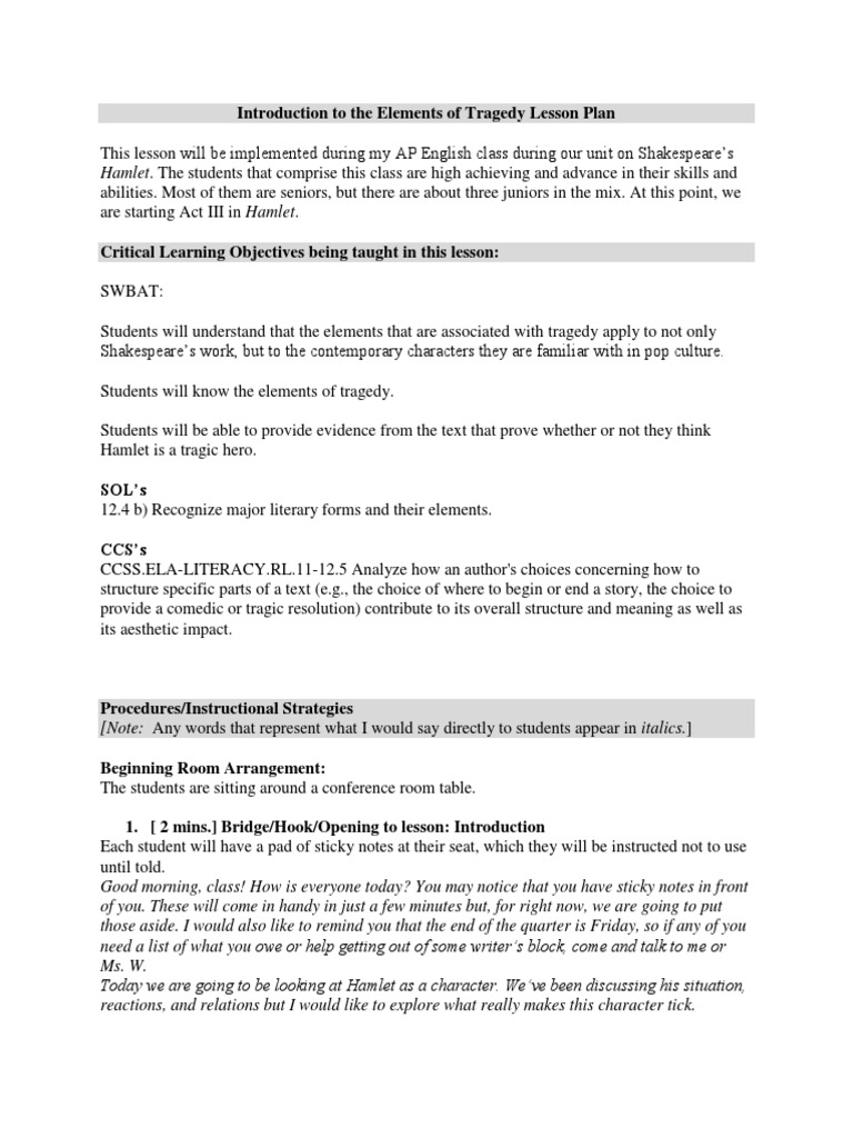 Tragic Lesson Plan Tragedy Hamlet