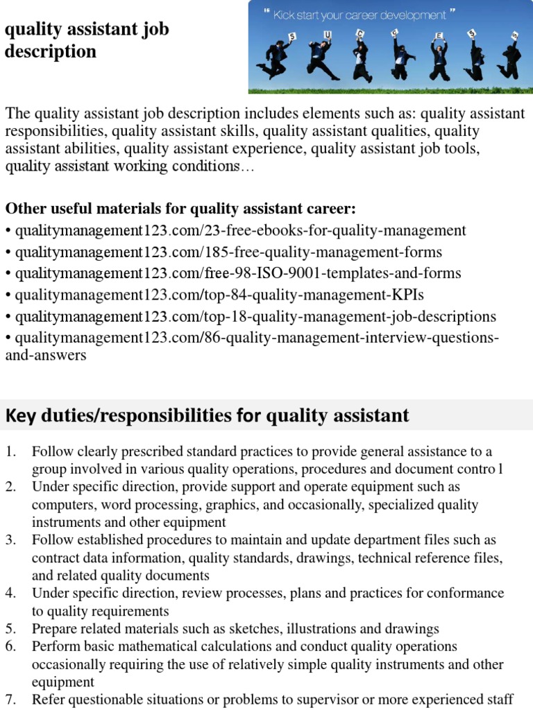 Quality Assistant Job Description PDF Employment Competence