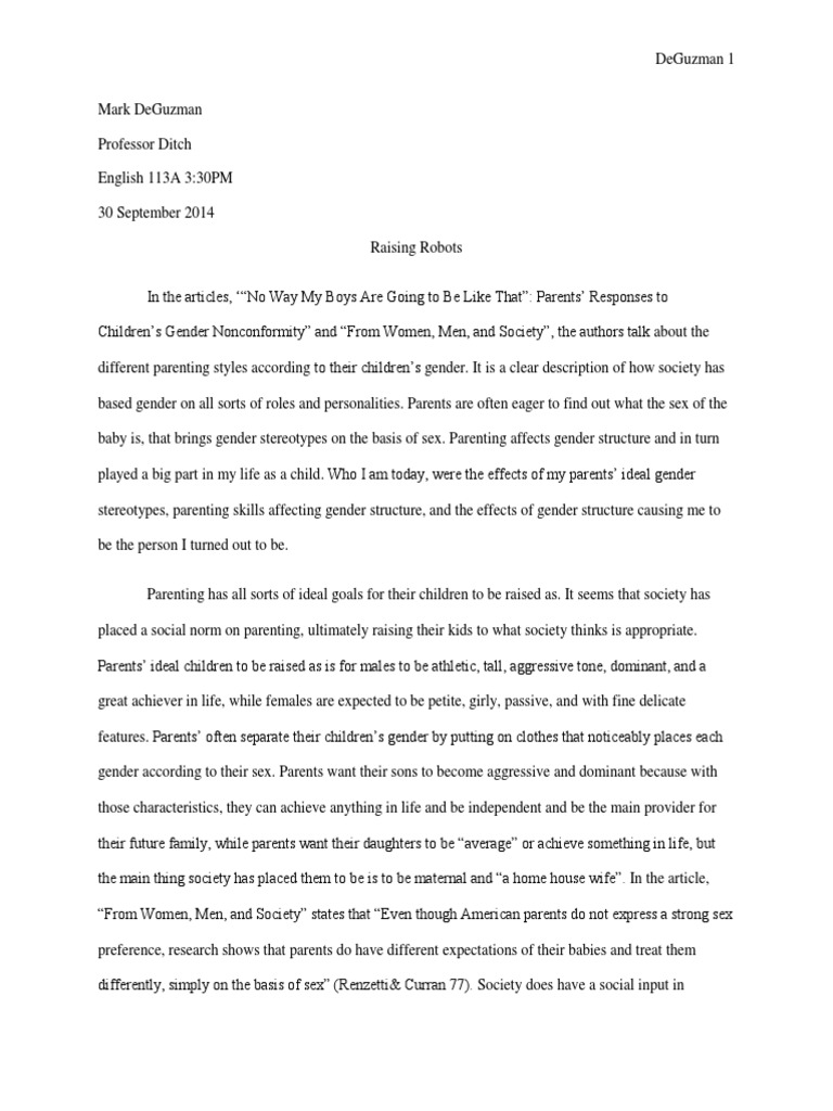 Essay 1 Final | Pdf | Gender Role | Parenting