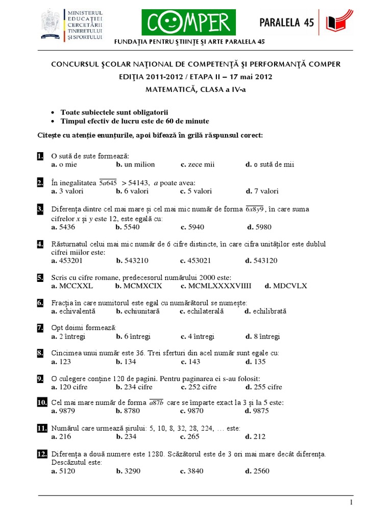 Subiect Si Barem Matematica EtapaII ClasaIV 11-12 PDF | PDF