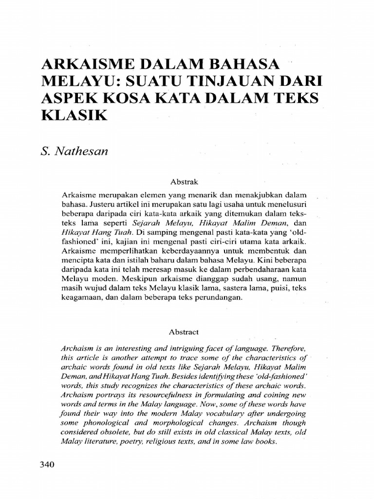 Arkaisme Dalam Bahasa Melayu Draf 2 Pdf