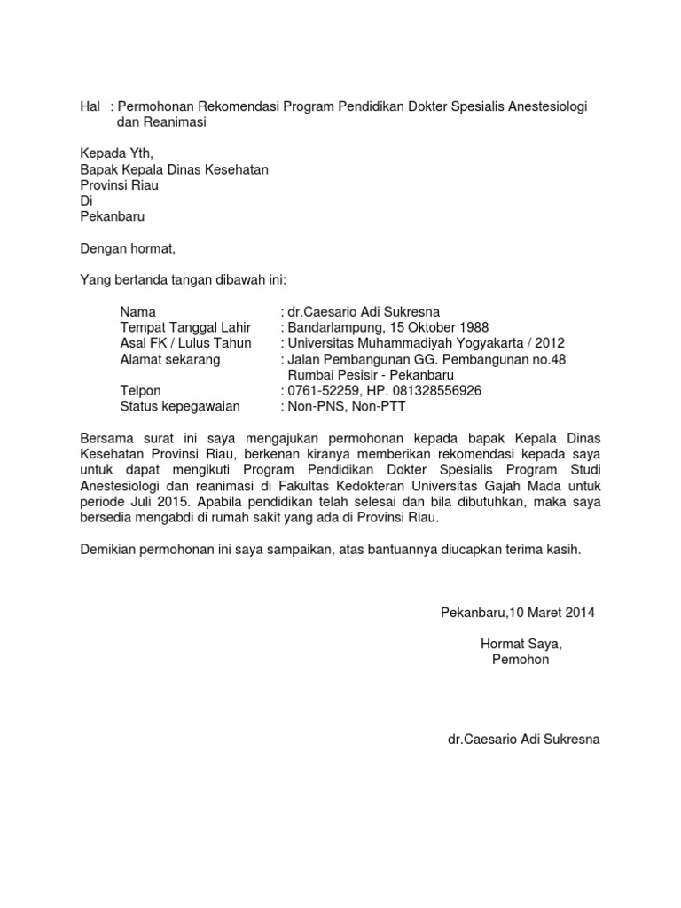 Surat Permohonan Ke Kepala Dinkes Riau
