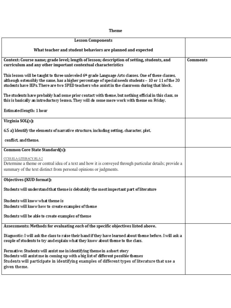 Theme Lesson Plan | PDF | Reading Comprehension | Learning