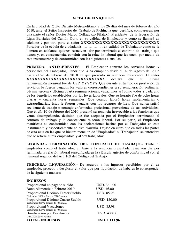 Acta De Finiquito Laboral Ssssssss Derecho Laboral Salario