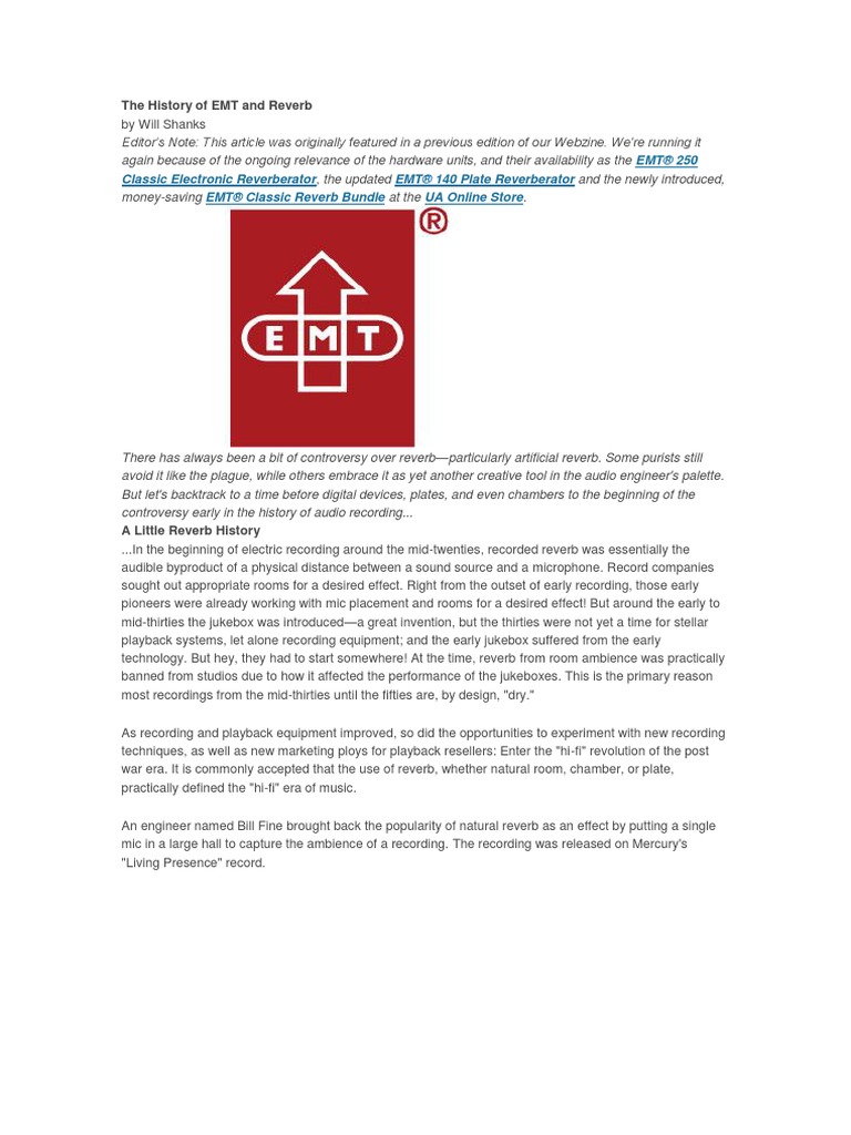 The History of EMT and Reverb PDF Sound Recording And Reproduction Signal Processing