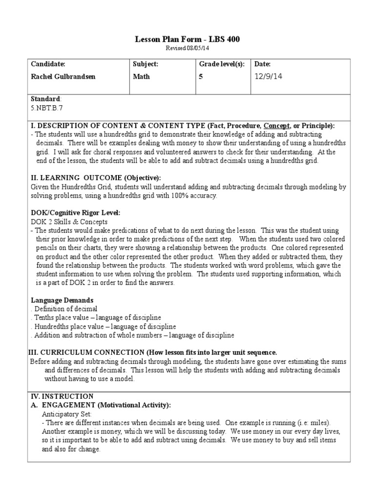 5th Grade Math Lesson Plans