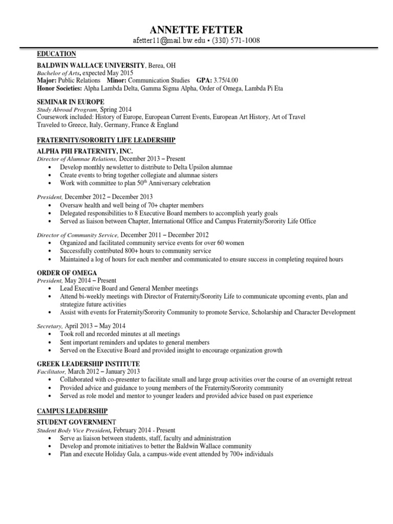 Annette Fetter Resume | PDF | Fraternities And Sororities | Students