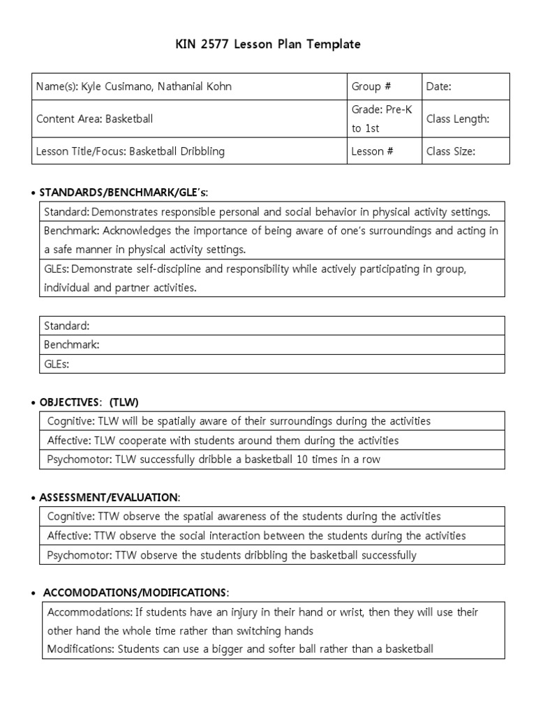 Lesson Plan Basketball Dribbling PDF Neuroscience Psychology