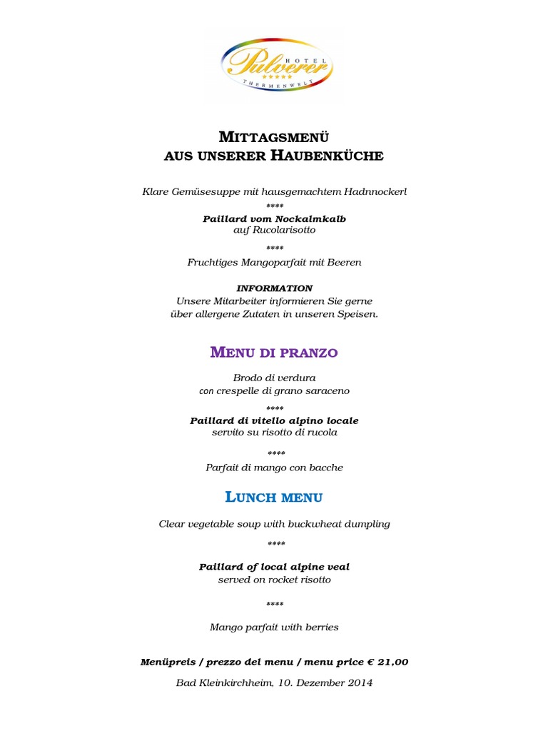 Mittagsmenu 10 Dezember 2014 Restaurant Loystubn