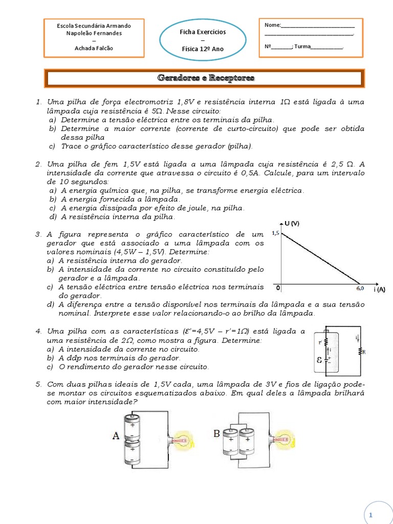 Exercícios sobre Geradores e Receptores | PDF | Resistência elétrica e ...