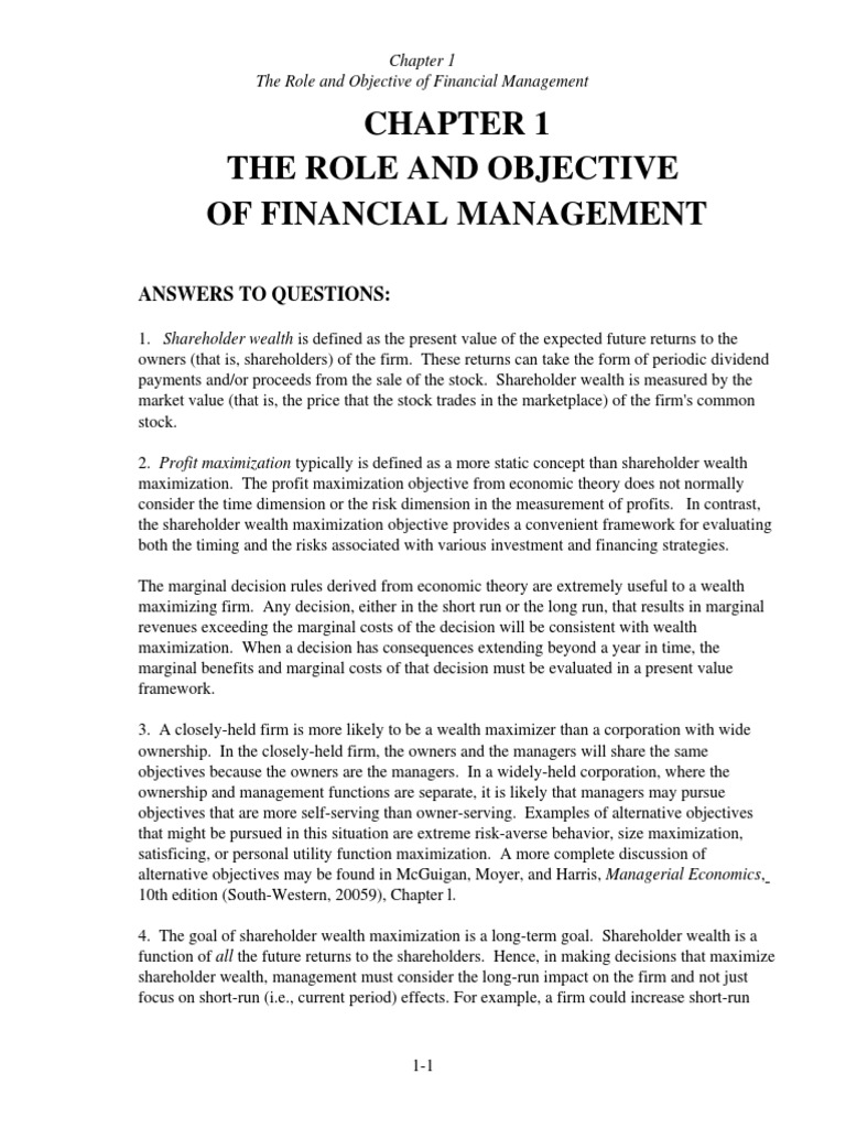 Chapter 1 The Role and Objective of Financial Management Answers To