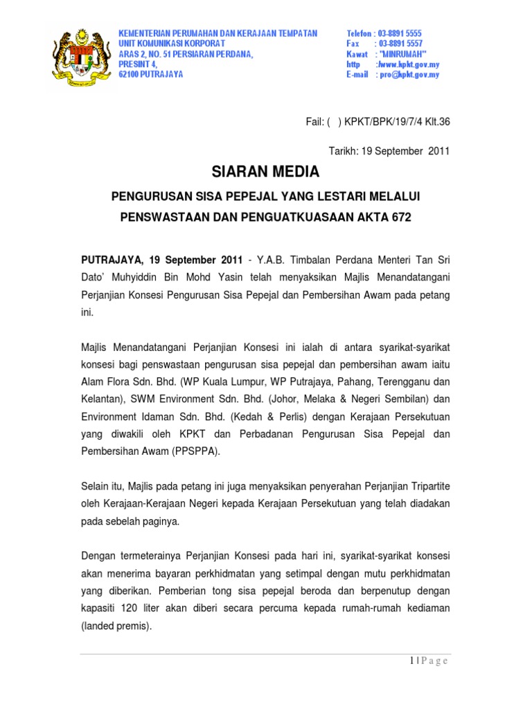 Pengurusan Sisa Pepejal Lestari Penswastaan Penguatkuasaan Akta 672 190911
