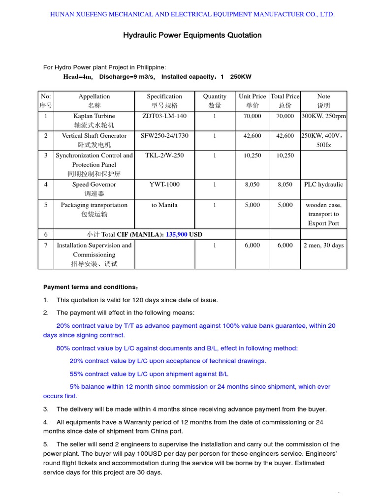 XFM-Quotation For Philipin HEP 0509 | PDF | Electric Generator | Turbine