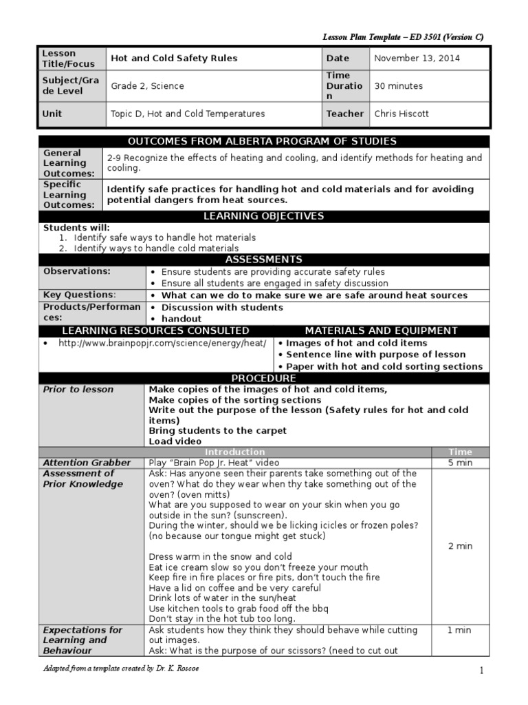 Hot and Cold Safety Rules Lesson Plan | PDF | Educational Assessment ...