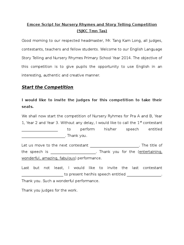 Emcee Script For Nursery Rhymes and Story Telling Competition 2 | PDF