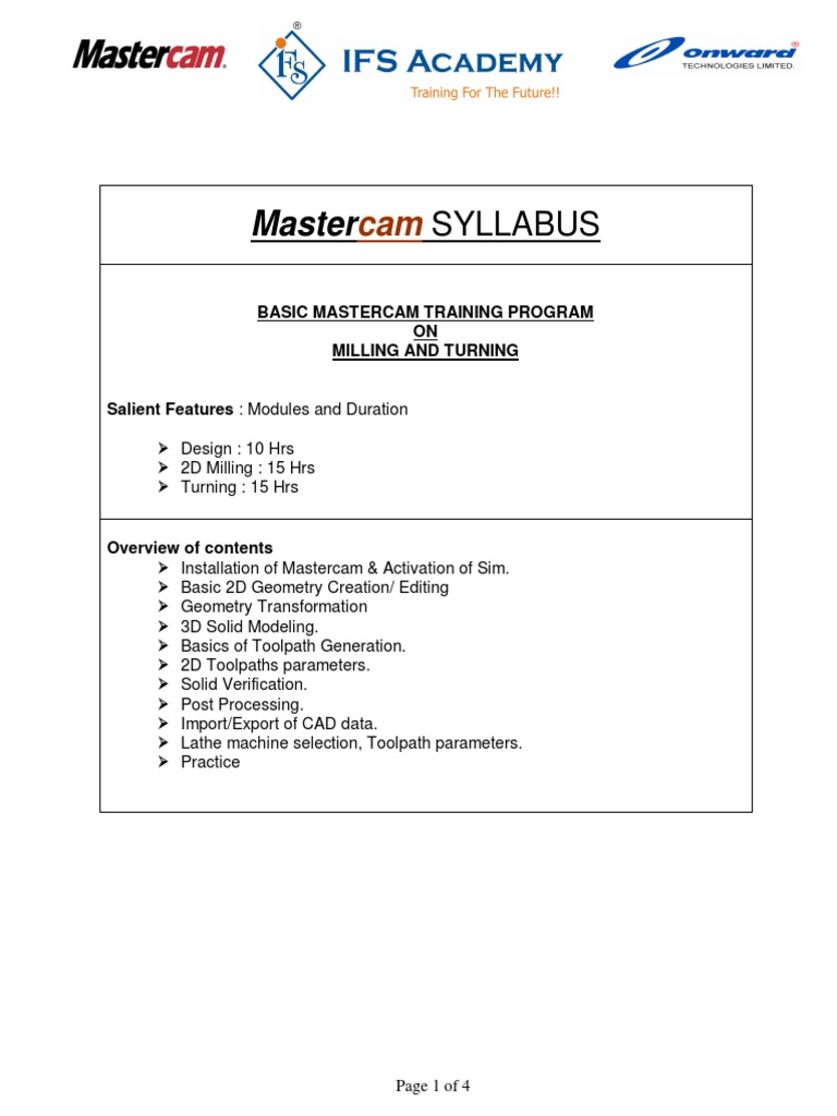 Mastercam Basic Training Syllabus | PDF | Business | Computers