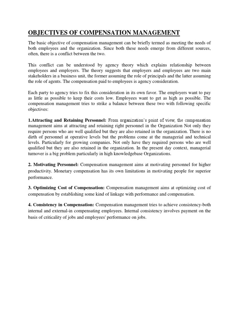 Objectives of Compensation Management Employment Salary