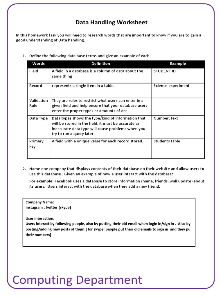 data handling worksheet databases data