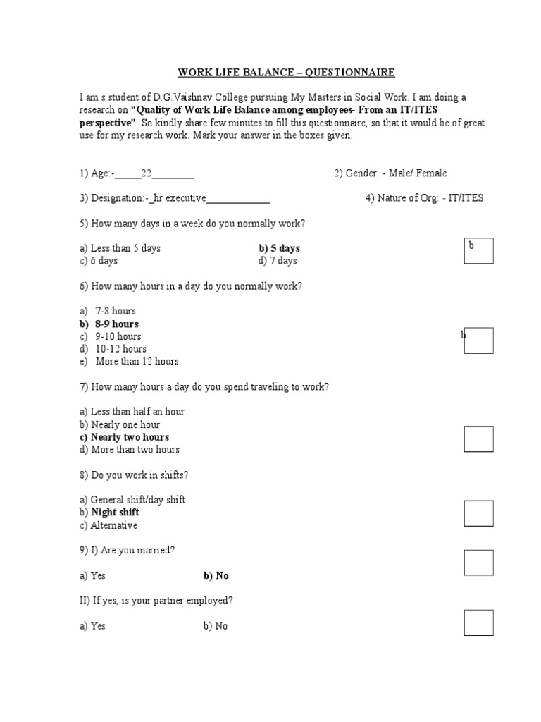Work-Life Balance Questionnaire for IT Employees | PDF | Work–Life ...