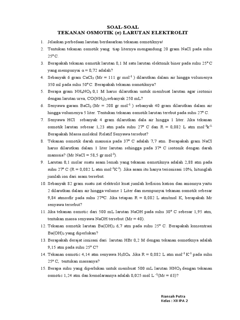 Soal Tekanan Osmotik