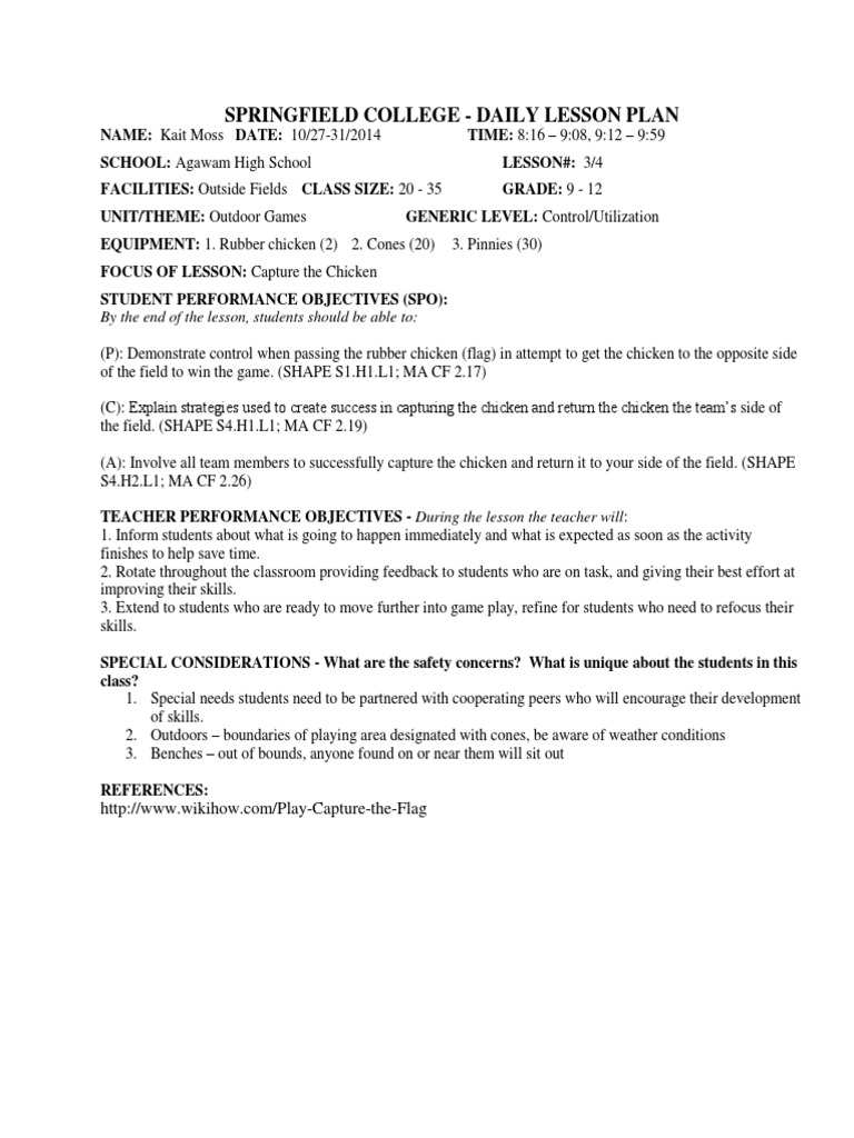 Outdoor Games Lesson Plan Learning