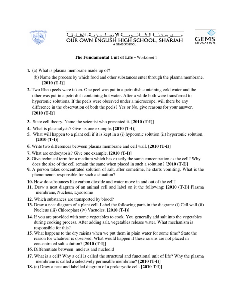 Cell Membrane - Worksheet | PDF