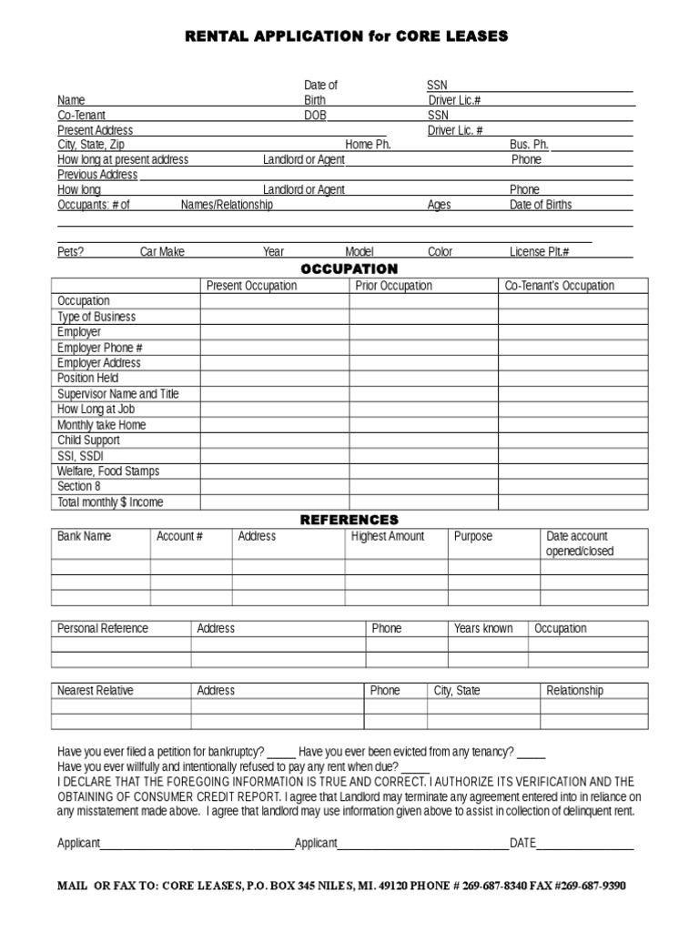 Rental Application CORE LEASES 2012 | PDF | Career & Growth