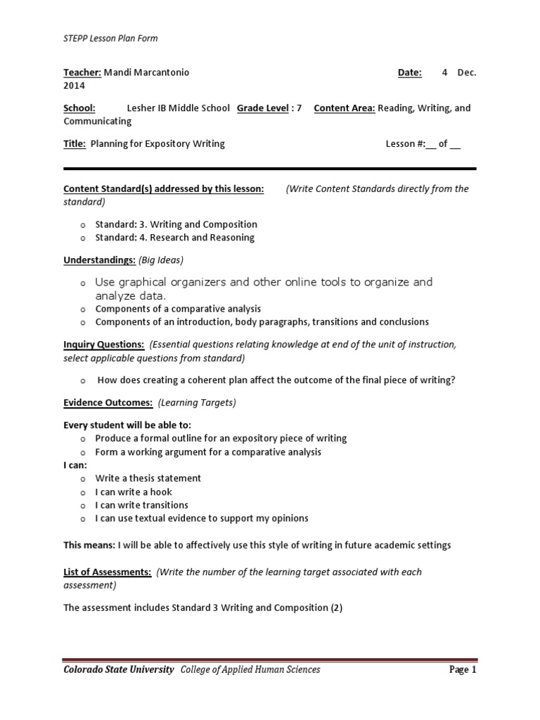Expository Lesson Plan Lesson Plan Educational Assessment