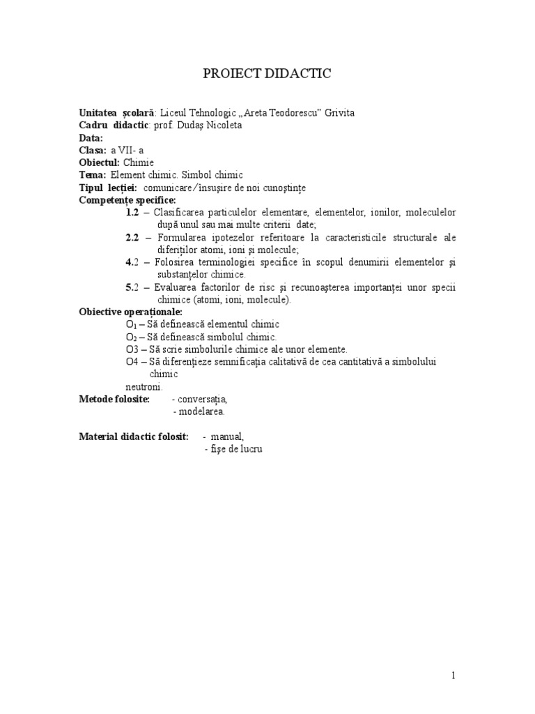 Proiect Didactic Element Chimic Simbol Chimic | PDF